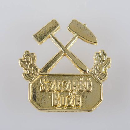 Przypinka górnicza złota skrzyżowane młotki i napis Szczęść Boże (pin)